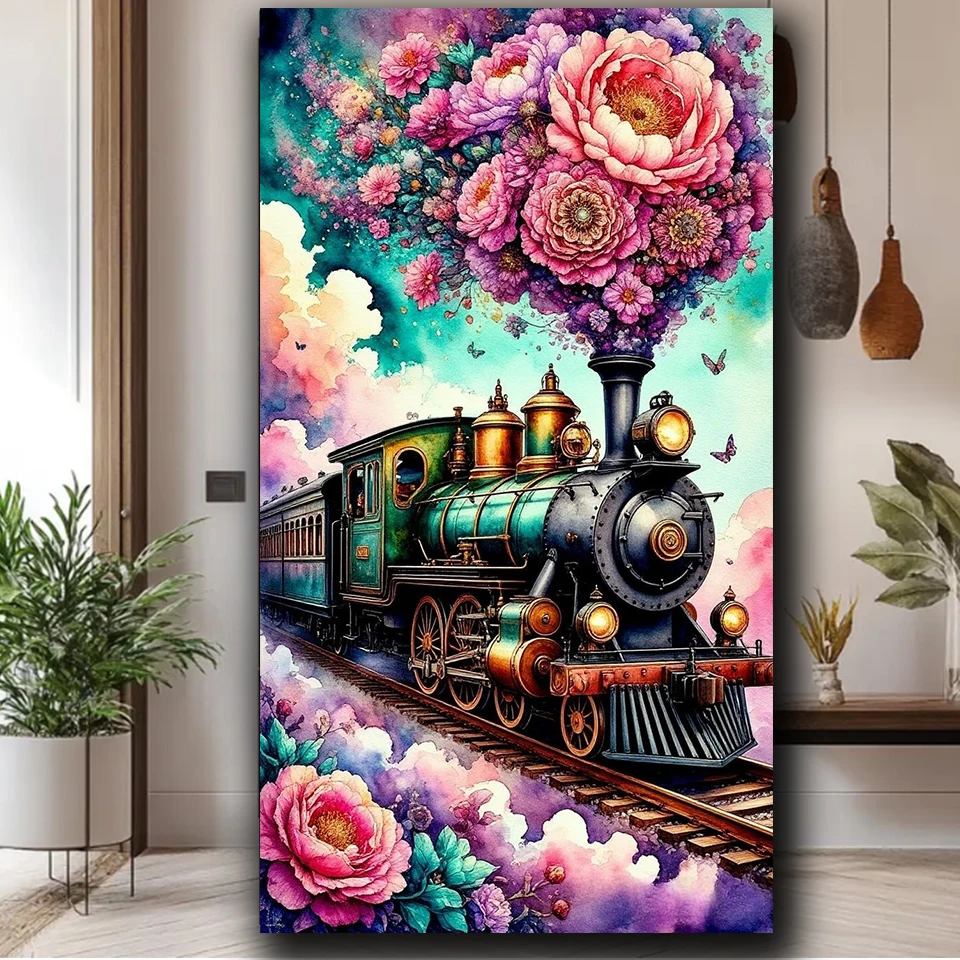 

Красивые поезда весной: Алмазная вышивка - набор для вышивания круглыми алмазами, мозаика, вышивка крестом для домашнего декора, пейзаж, DIY-поделки