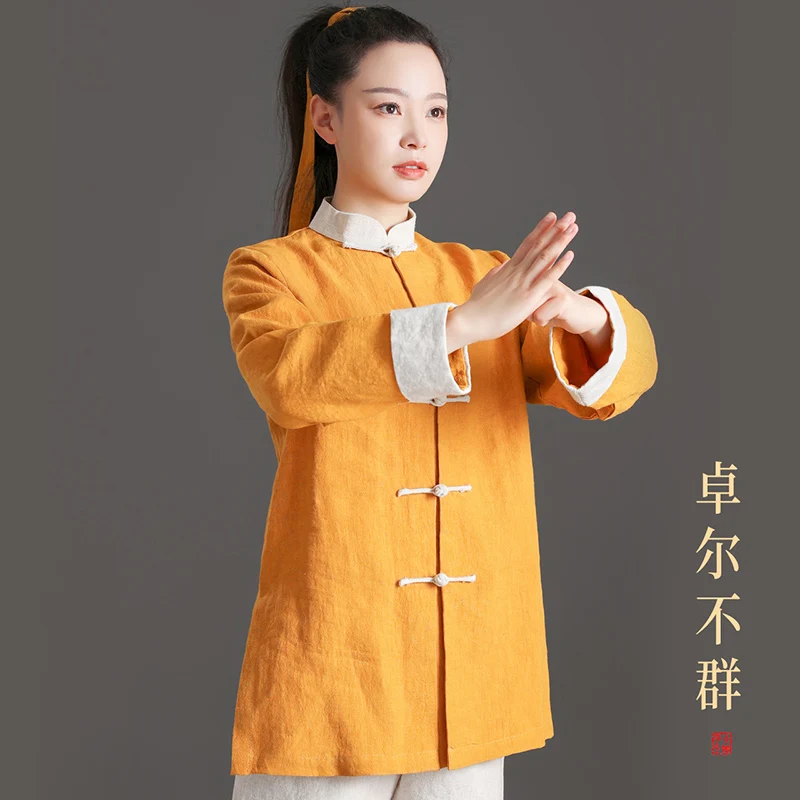 New Premium Heavyweight Pure Linen Modern Chinese Style Tai Chi Suit with Contrasting Colors for Qigong Martial Arts Practice