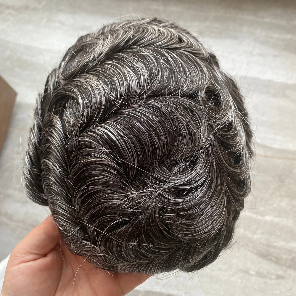 

Натуральный мужской парик-накладка из серых человеческих волос (оттенки 1B80, 1B65, 1B50, 1B30) с ультратонкой (0,1 мм) инжекционной основой из искусственной кожи для максимальной прочности