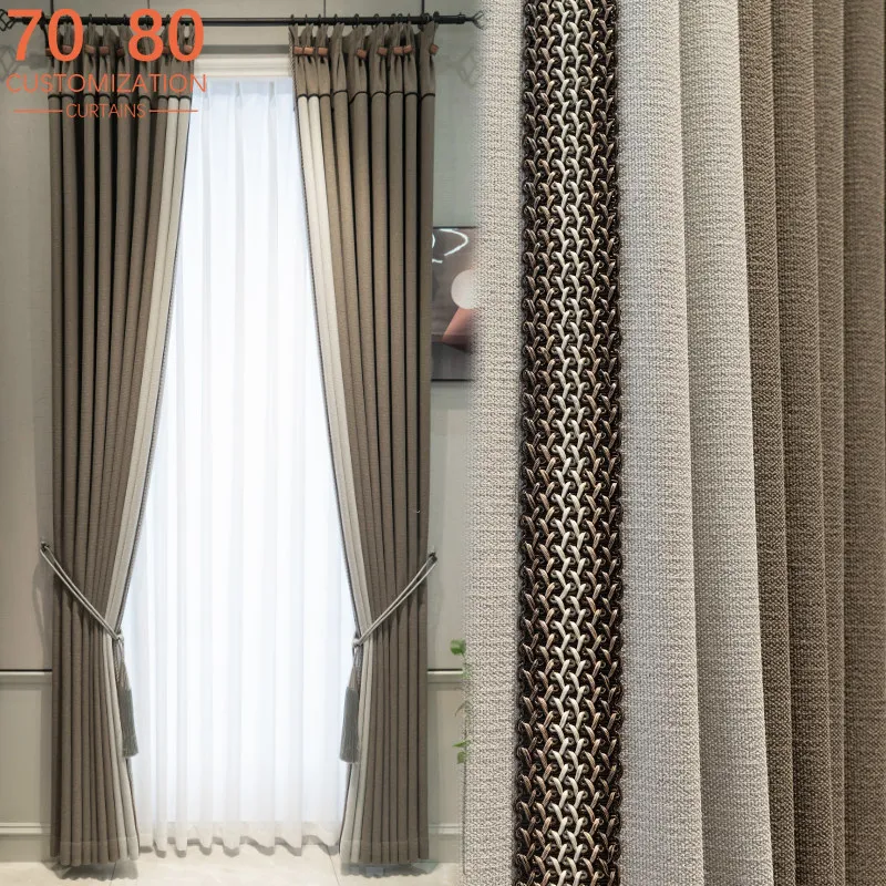 New Cotton Linen Coffee Beige Stitching Thickened Blackout Curtains for Living Room Bedroom French Window Villa Customization