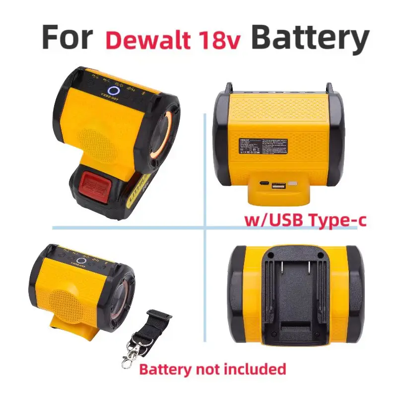 Cordless Portable Bluetooth Speaker With USB Type-C Port For Charging for Dewalt 18V Battery Power Supply, (No Battery)