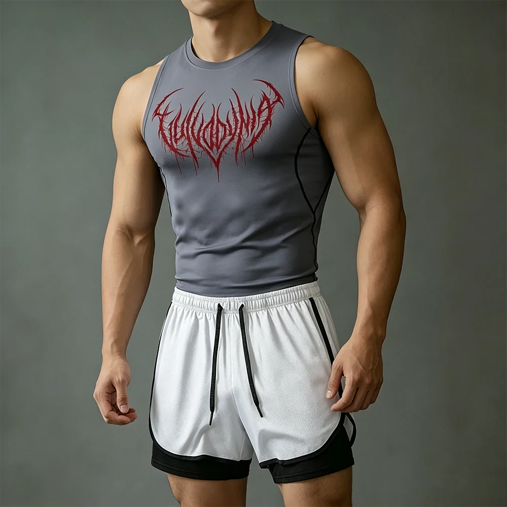 Mens 2 Piece Compression Sleeveless Vest Gothic Drip Thorn Font Print Dual Layer Shorts With Pocket Towel Ring Training Outfit