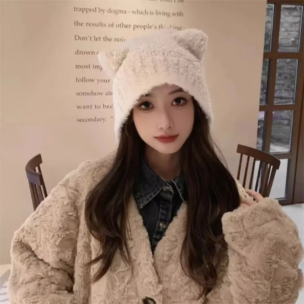Cute Bear Ear Knitted Woolen Hat Windproof Cold-proof Beanies Cap Keep Warm Thickened Winter Bomber Cap Outdoor