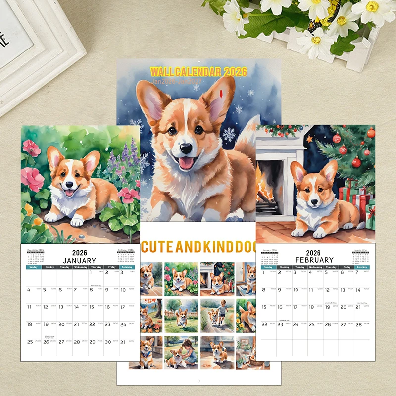 

Настенный календарь с мультяшной собакой, 2026 месяцев, подвесной настенный календарь, дизайн собаки корги, ежемесячный 12-месячный семейный календарь-органайзер