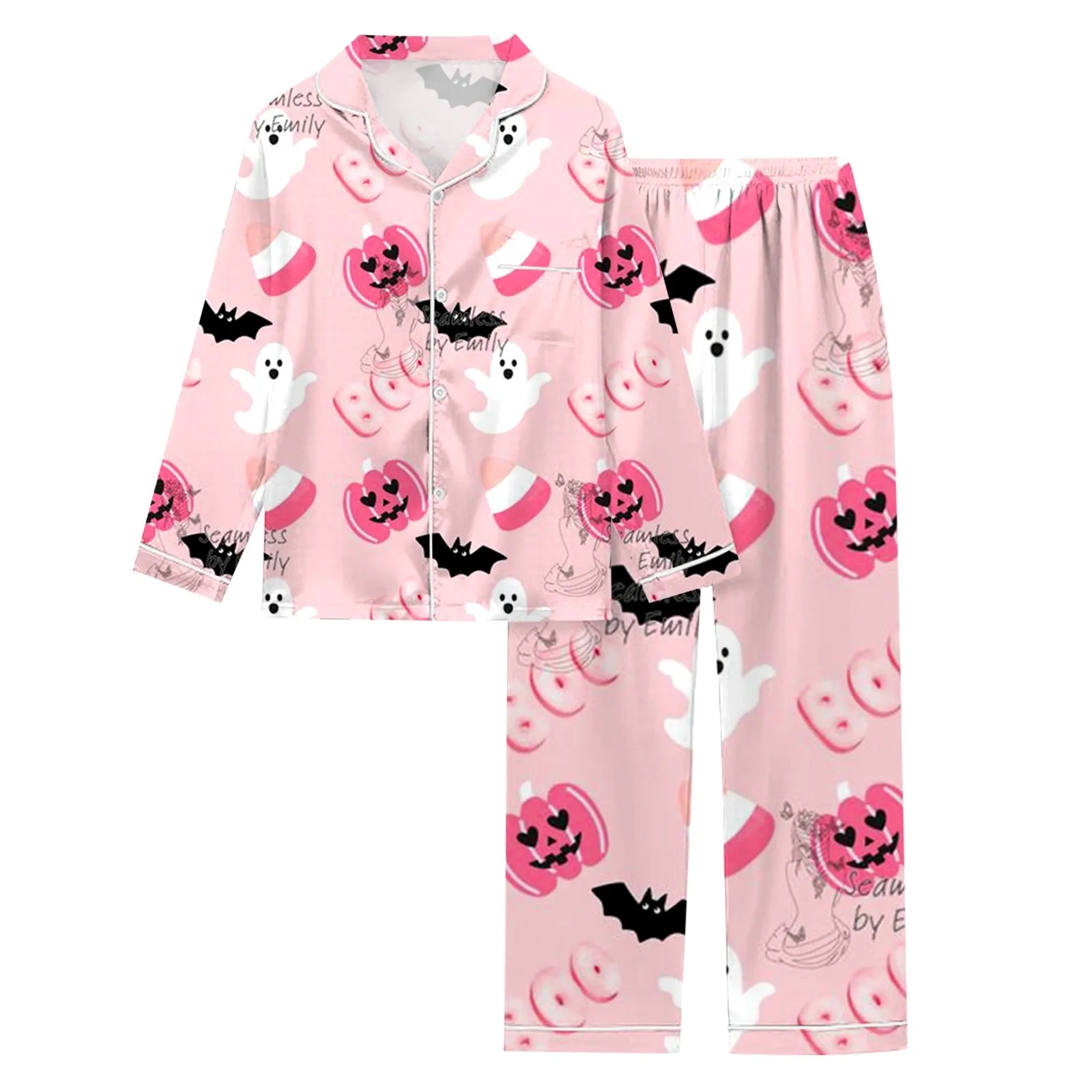 Long Sleeve Shirt Long Pants Pajama Set Women\'S Pink Printed Anime Halloween Sleepwear Ice Silk Smooth Soft Breathable Pyjamas