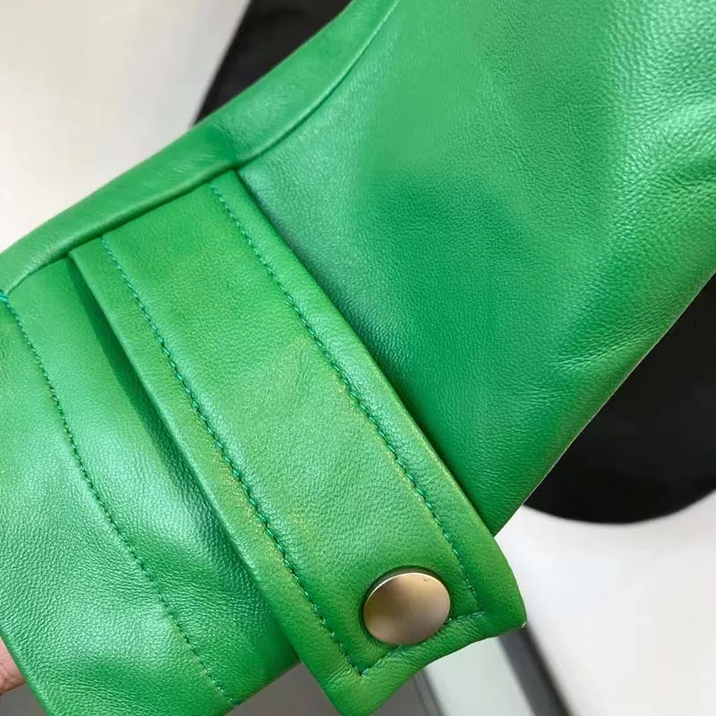 Jaqueta de couro genuíno feminina primavera e outono curto comprimento nova chegada gola o-pescoço cor verde outerwear