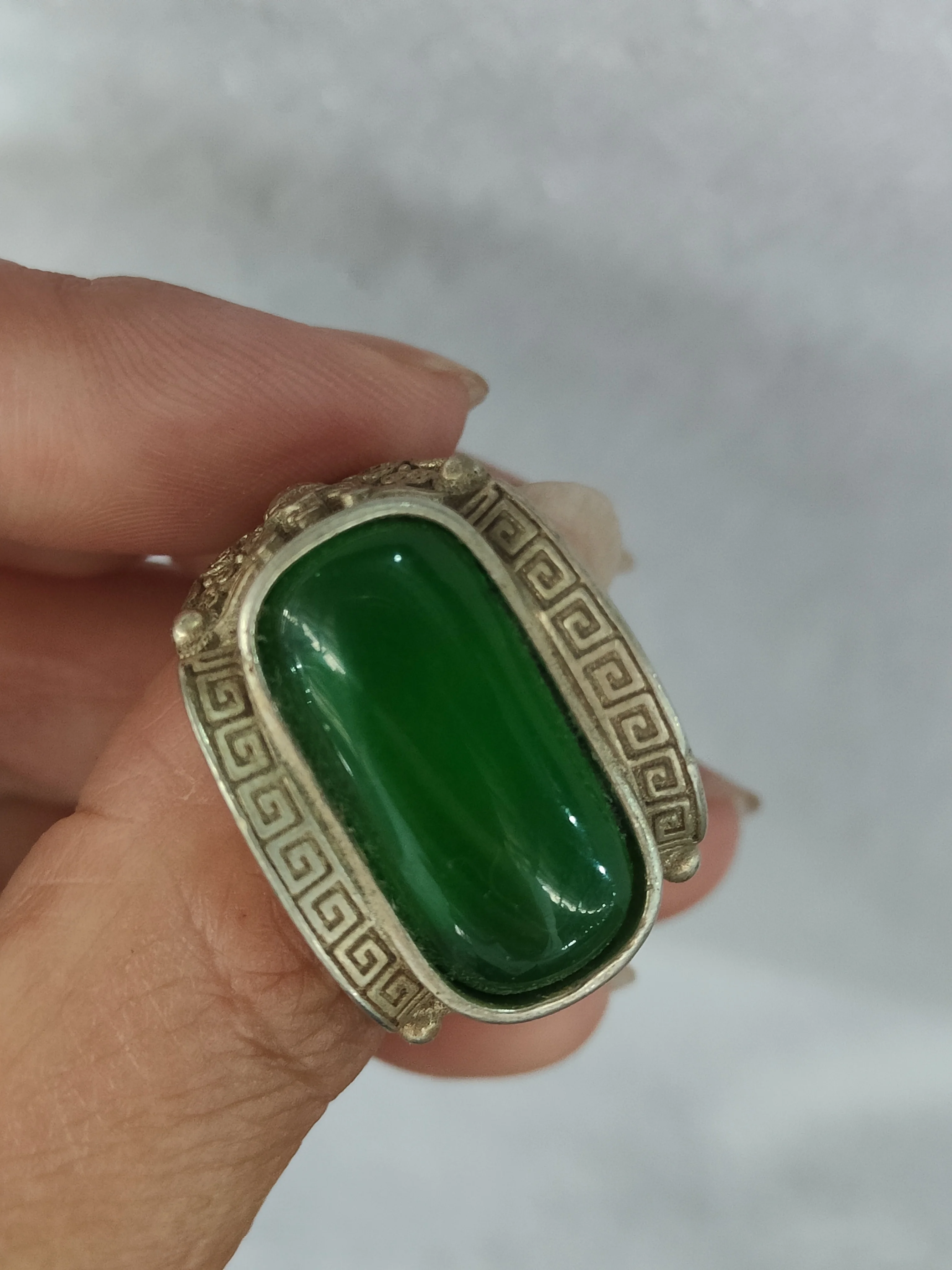 Chinese Tibetan silver inset green jade ring Miao silver bat saddle ring carved jade ring gift