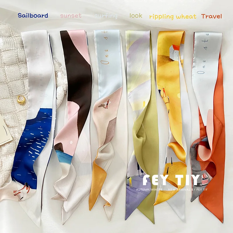 

Hand-drawn High-end Long Silk Scarf Hairband Girls Small Fresh Streamer Print Scarf Tie Bag Versatile Hair Accessories