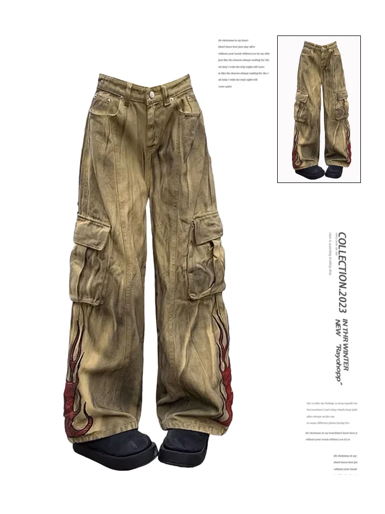 Women Khaki Y2k Cargo Jeans Harajuku Japanese 2000s Style Baggy Denim Trousers Vintage Wasteland Style Jean Pants Trashy Clothes