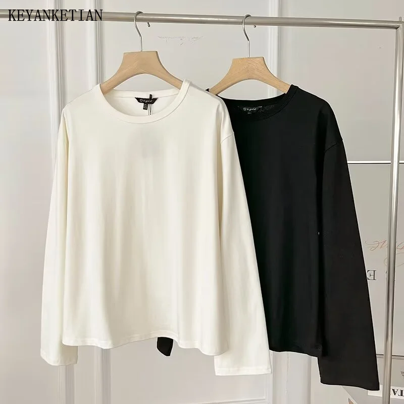 KEYANKETIAN 2024 New Launch Women's Cotton knit T-Shirt Unisex style O-Neck Simply Long Sleeve Basic Pullover Casual Tees Top