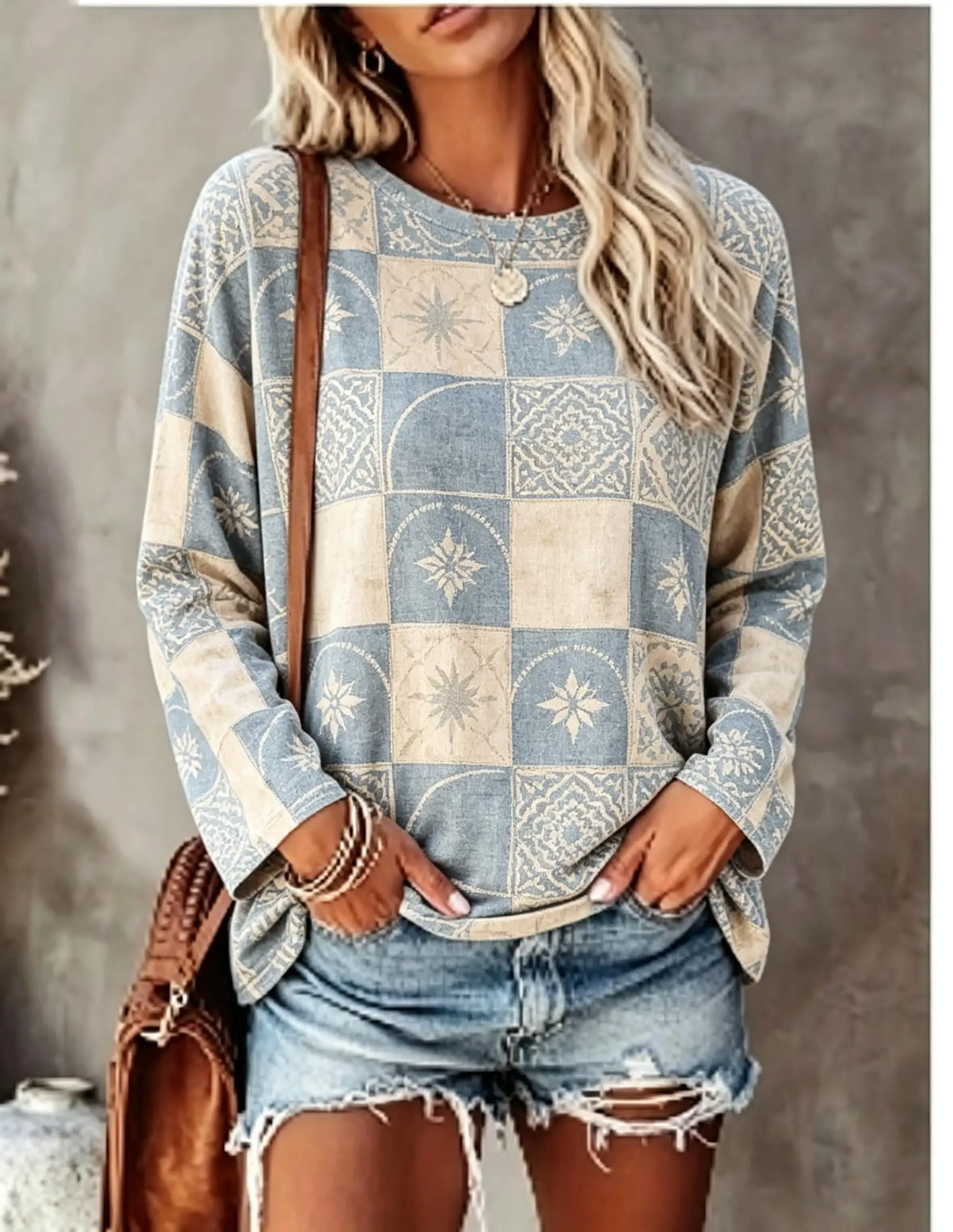 Women Long Sleeve T Shirt Green Beige Checkered Celtic Knot Pattern Print Crew Neck Fall Tops view 3