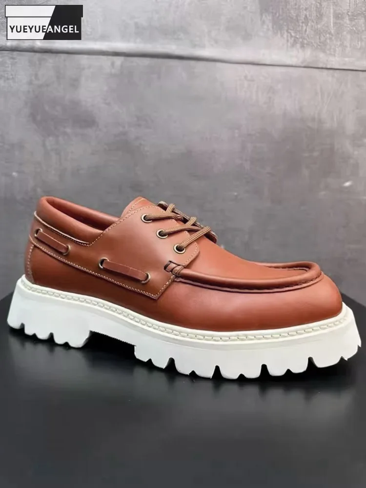 Vintage Mens Thick Platform Cowhide Genuine Leather Dress Shoes Lace Up Business Work Formal Shoes Autumn New Designer Footwear