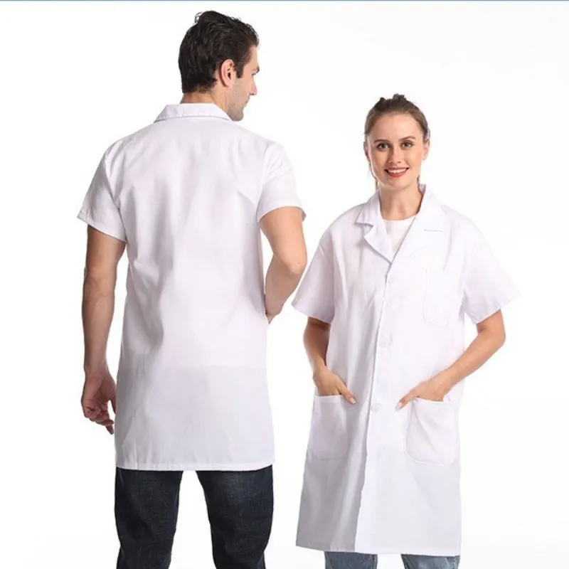 Unisex White Lab Coat Women Men Notched Lapel Collar Elastic Cuffs Medical Nurse Doctor Uniform Dental Clinic Beauty Salon