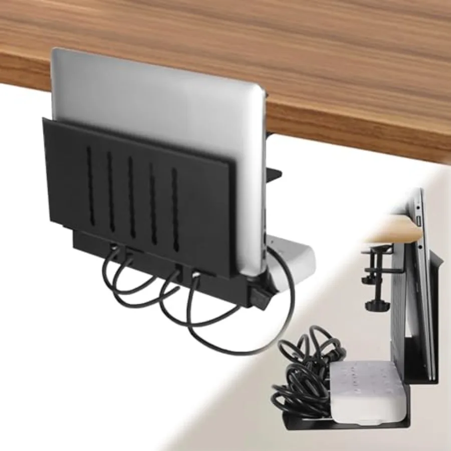 

Desk Side Storage, Laptop Holder with Cable Management Tray, 2 in 1 Steel Under Desk Laptop Mount, Table Organization, Space Sa