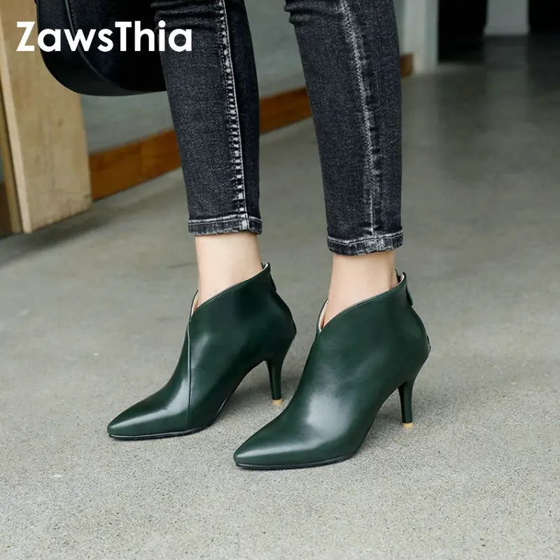 

ZawsThia Autumn Winter V Cut Women Boots Solid European Ladies shoes riding booties PU Leather ankle short boots Thin High Heels