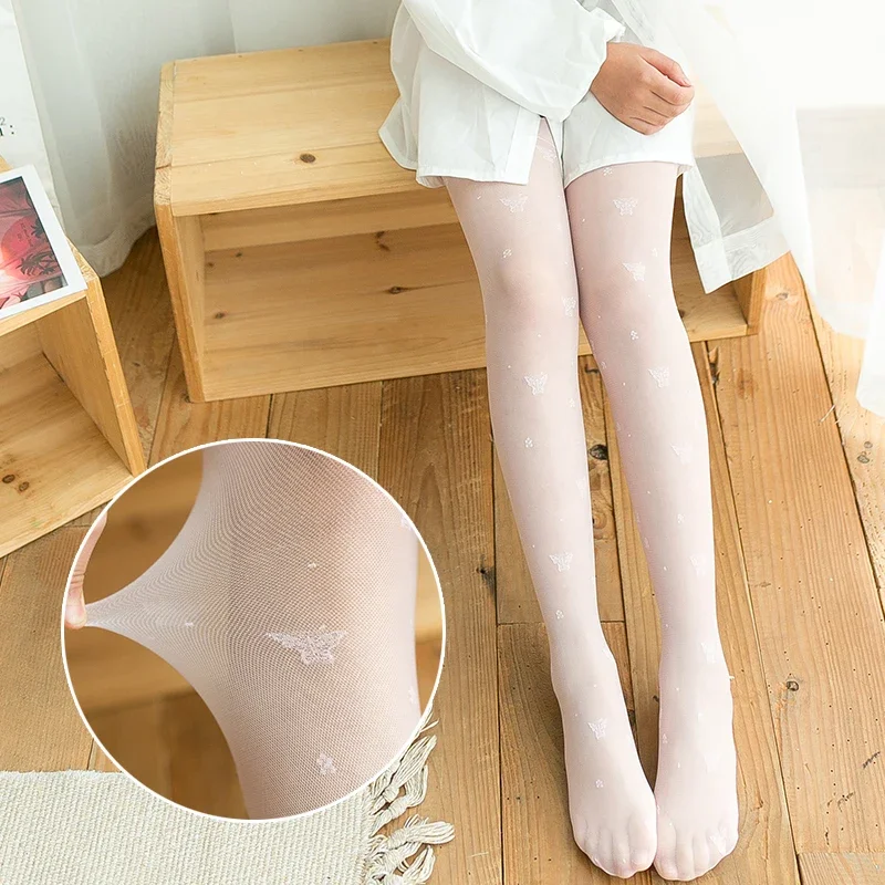 Children's cute butterfly flower anti-hook silk pantyhose summer ultra-thin student white dance socks baby mosquito socks