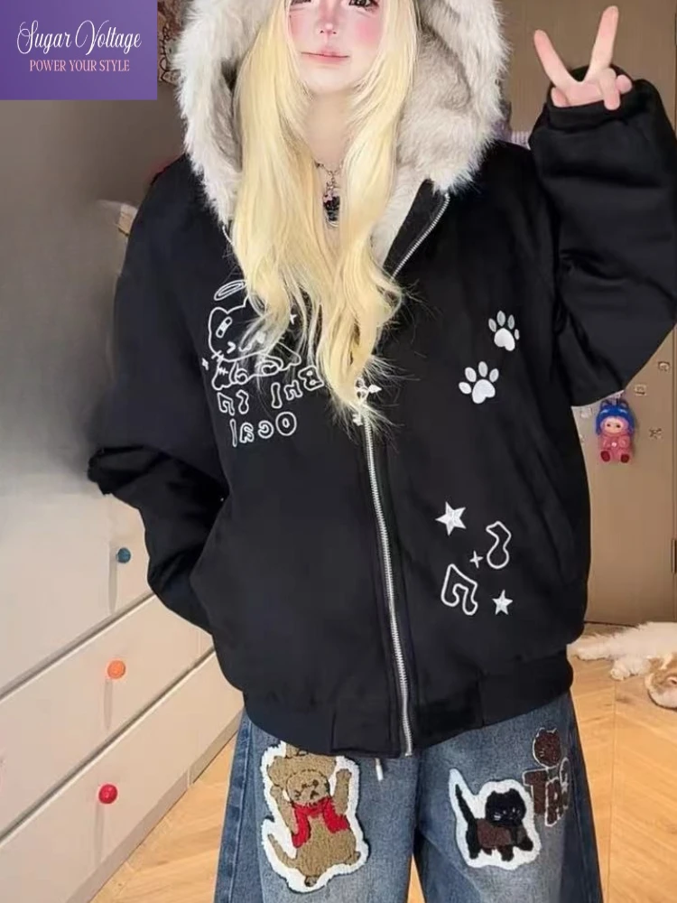

Casual Embroidered Plush Thick Jacket Women Autumn Winter Loose Casual Warm Padded Coat with Cat Ear Hood Cute Trendy Outerwear
