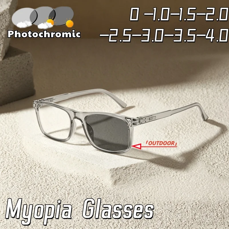 Lightweight Daily Square-framed Photochromic Myopia Glasses for Women Men Multifunctional High-definition Spectacles 0 To -4.0