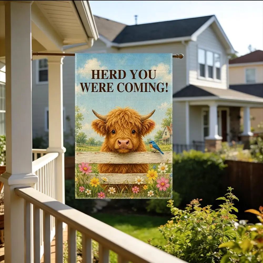 Herd You Were Coming Double-Sided Garden Flag for Outside Decor Parade Yard Sign, Highland Cow Bird Floral Outdoor House Law yyi