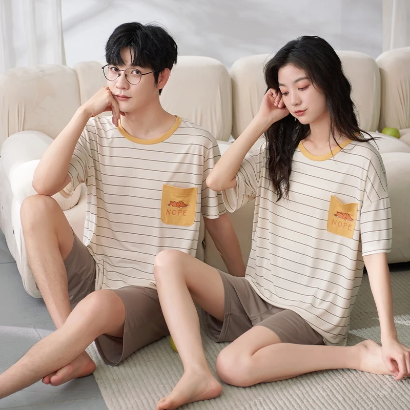 Summer Pajams Set Couple Modal Nightwear Men Women Short Sleeve Pyjamas Striped Sleepwear