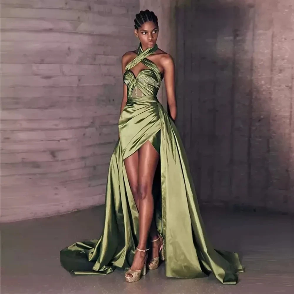

Draped Asymmetrical Full Length Sexy Party Dresses Army Green Prom Dress Applique High Low Backless Evening Gowns with Train
