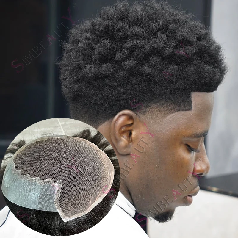 

Черные мужские парики из европейских человеческих волос, 6 мм, 4 мм, с плотной кудрявой афро-прической, Q6, с осветленными узлами, на основе из кружева и полиуретана, для мужчин с облысением