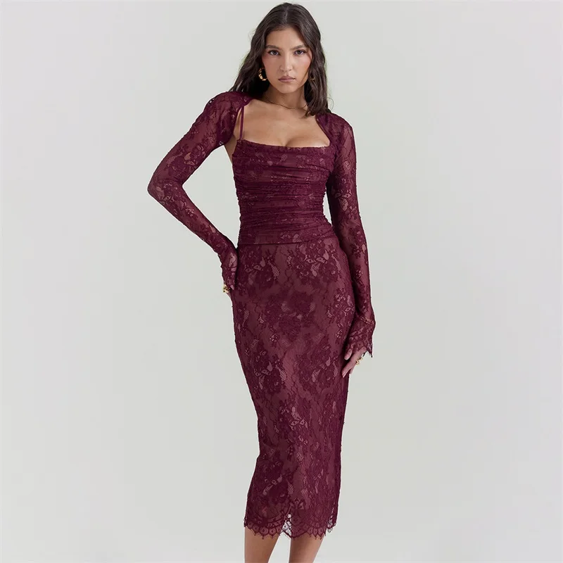 

Burgundy Lace Prom Dress 2 Pieces Set Sexy Srap Party Evening Dresses+Full Sleeves Outfit Formal Tie Up Back Ankle Length Robe