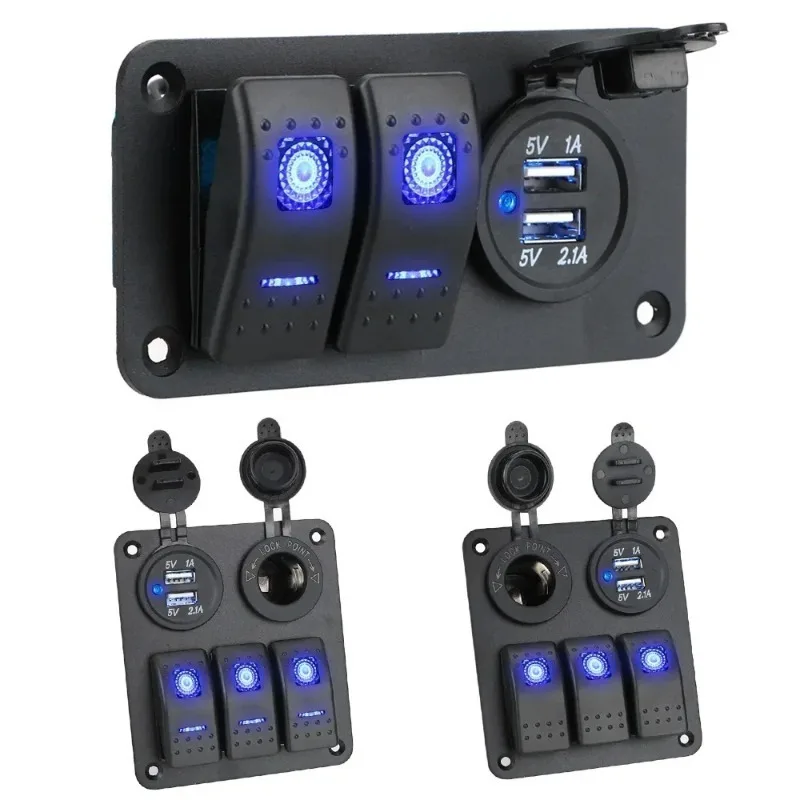 12V 24V Motor Home Car Switch Panel Waterproof Light Toggle Control Digital Voltmeter Dual USB Chargers Ports Outlet Combination