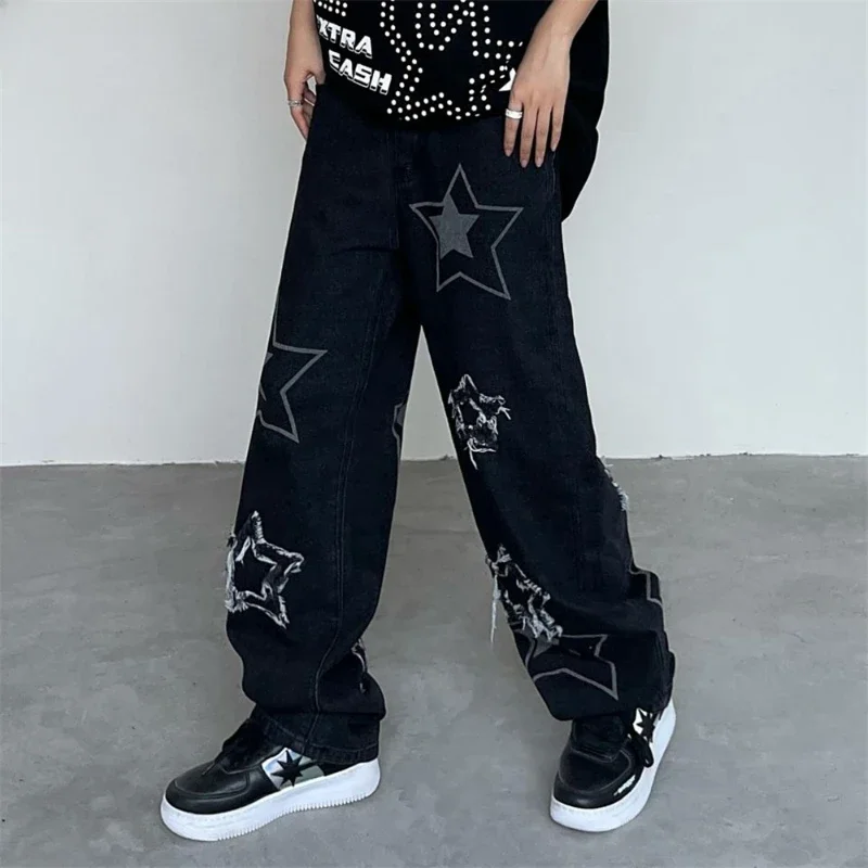 jeans men star printed trousers autumn new Korean fashion gothic high street style loose casual slim straight wide-leg pants