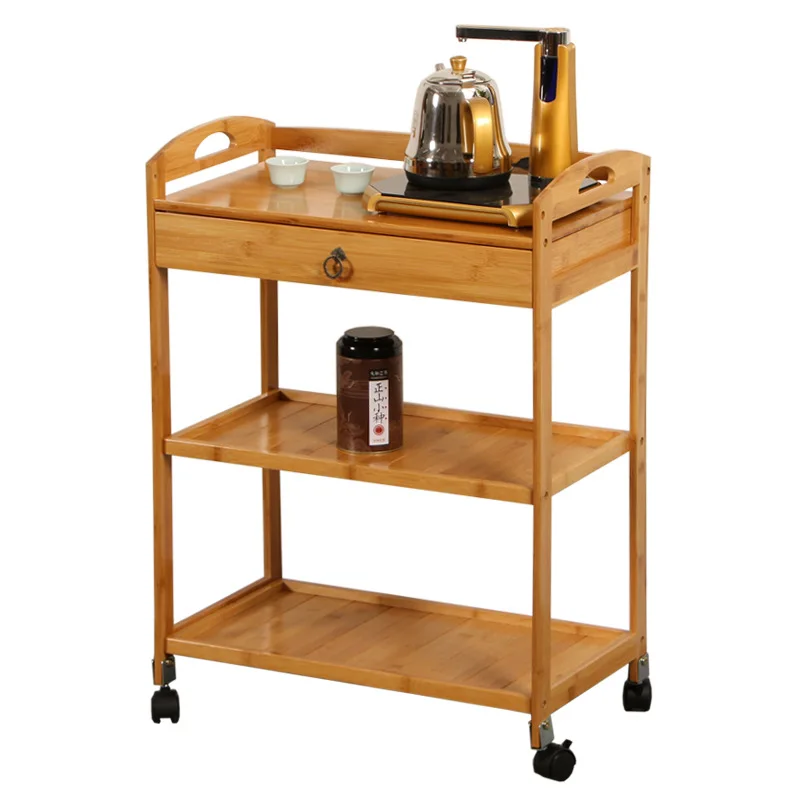 

Natural Bamboo Kitchen Cart Trolley with Wine Glass Holder and Marble Countertop
