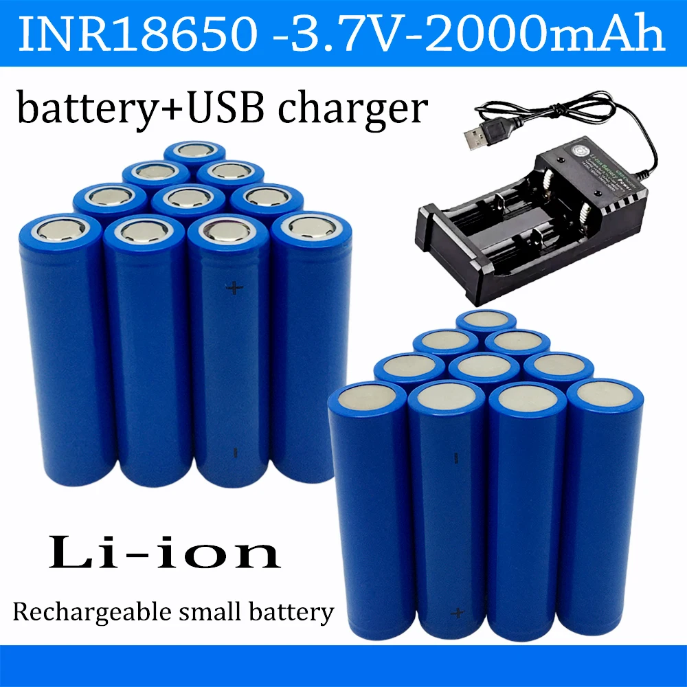 18650 High Quality  3.7V 2000mAh Rechargeable Li-ion Battery For Our 18650 Toys, Tools, 9 LED mini flashlight etc+USB charger