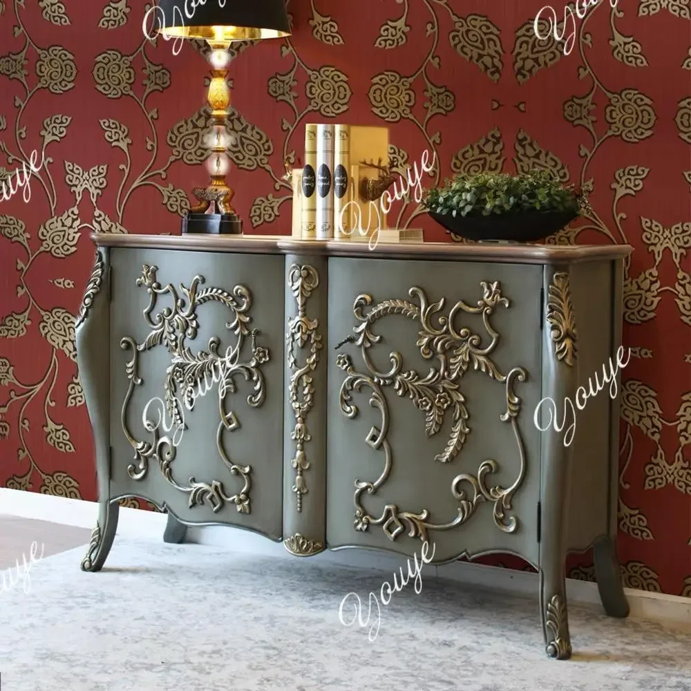 N63 French retro style solid wood sideboard, neo-classical entrance, facing the entrance carved decoration storage cabinet