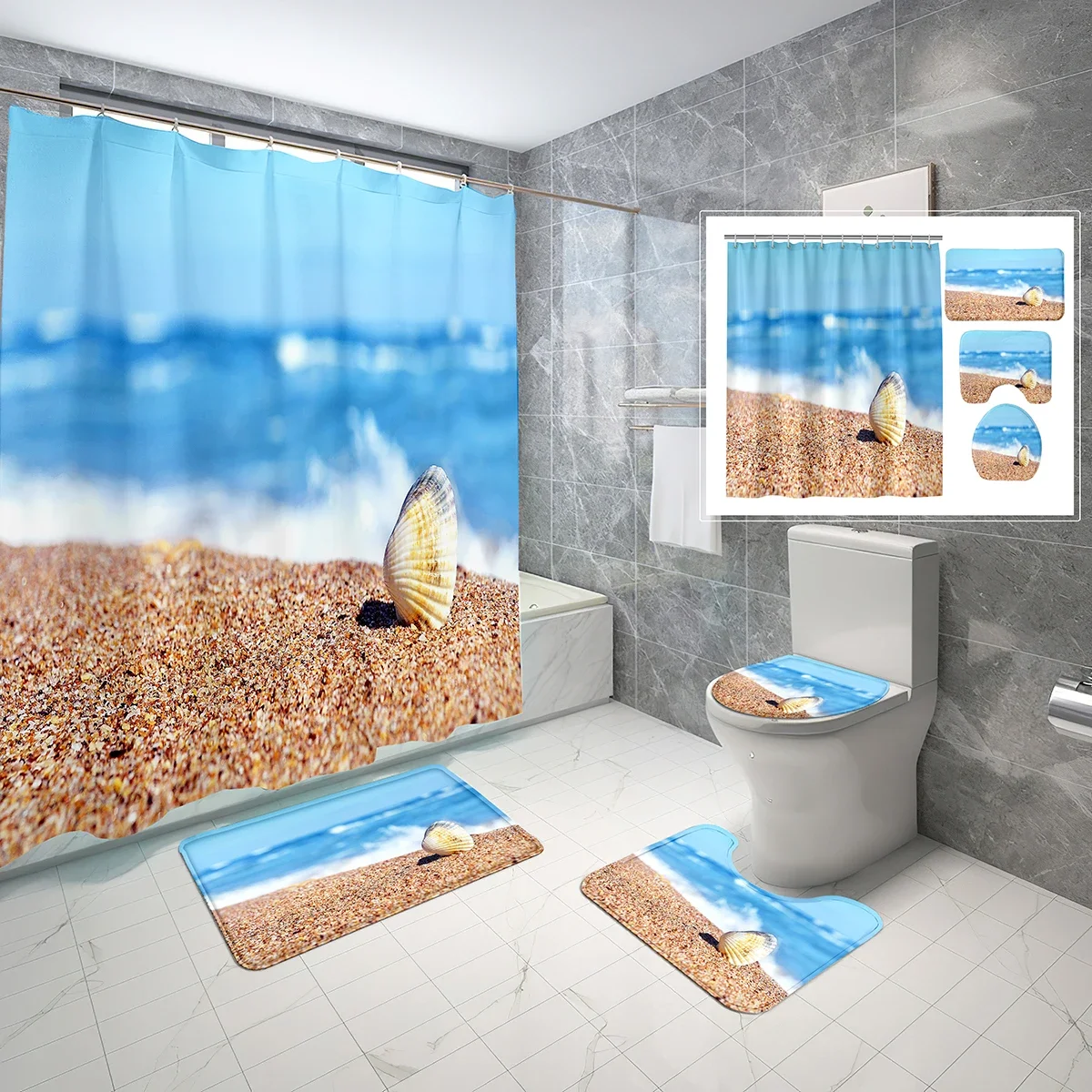 Shower Curtain Set Blue Sky Beach Pearl Shell 4 Pcs Shower Curtain Bathroom Non-Slip Bath Mat Toilet Cover Shower Curtain Set