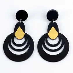 FishSheep Black Acrylic Geometric hollowed Drop Earrings for Women Vintage Carved Round Circle Layered Earrings Fashion Jewelry