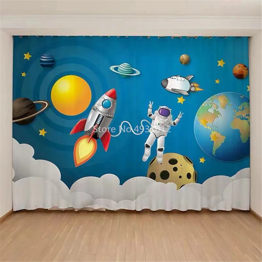 Hot Sale Children's Curtain Cartoon Space Theme Astronaut Starry Sky Children's Room Boy Bedroom Bay Window Curtain Blackout