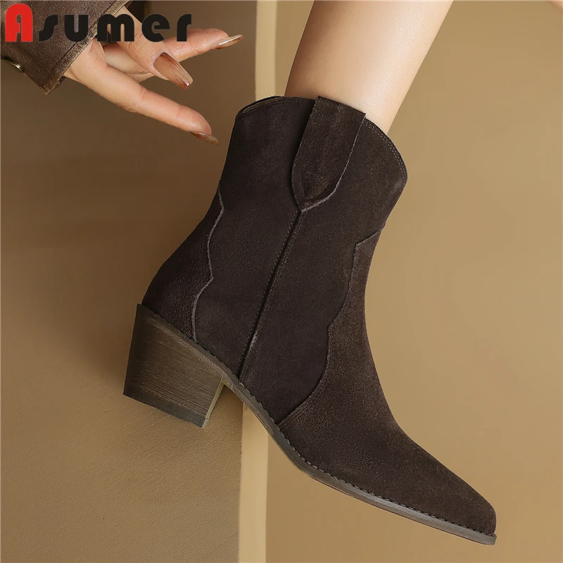 

ASUMER Western Boots Women Cow Suede Leather Ankle Boots Simple Autumn Winter Cowboy Handmade Brown Wine Red Ladies Shoes