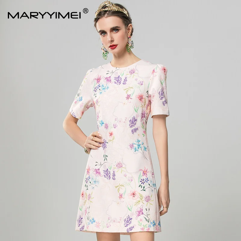

MARYYIMEI High Quality Slim Short Dress Fashion Spring New Women Short-Sleeved Crystal Beading Print Dresses