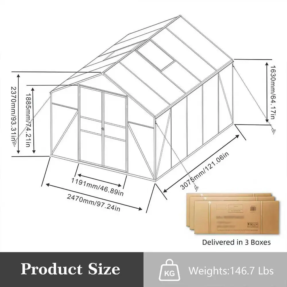 8*10ft Free Ship in Stock Polycarbonate Greenhouse with Stronger Wind Protection and Roof Vent,Walk-in Large Aluminum  Sunroom