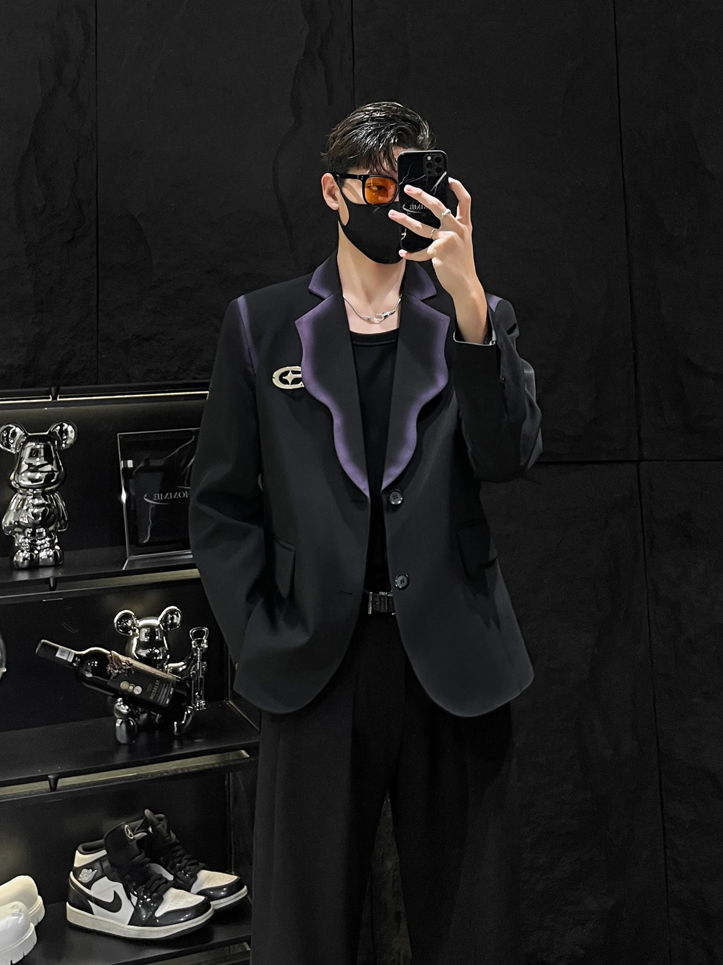 

adient oulder Pad Мужской костюм Jaet HOMME Faion Design Bla Color Blo Casual Sle Long Sve Полиэфирное волокно