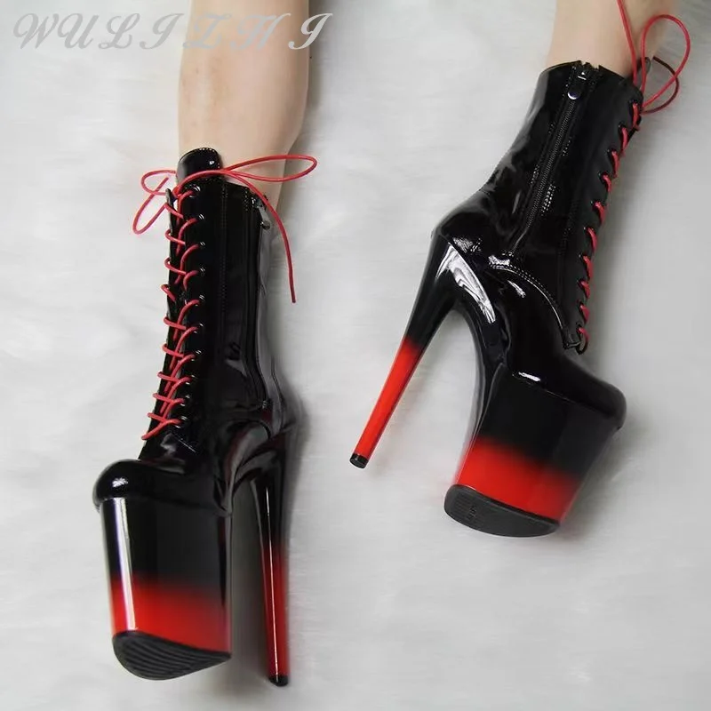 20cm Round Toe Stiletto Platform Short Boots Designer Cross Strap Sexy Gradient Color Super High Heel Large Size Women Boots