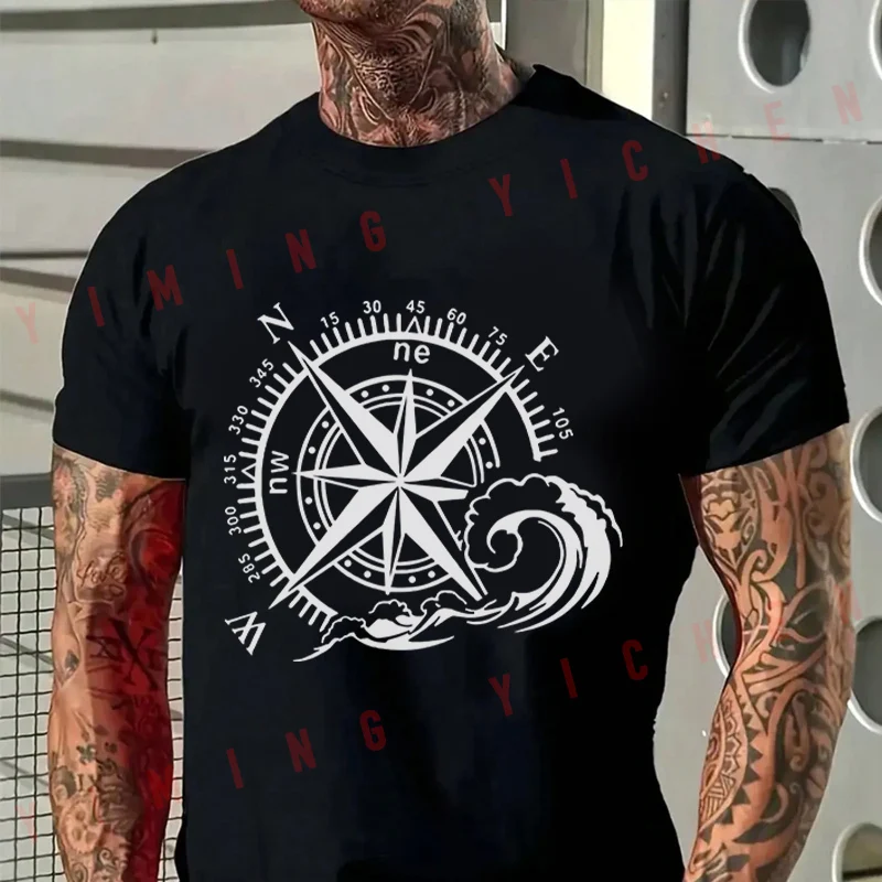 Men T-Shirt Compass Creative Graphic Motorcycle Cotton O-neck Short Sleeve T Shirt Fashion Hip Hop Streetwear Tees