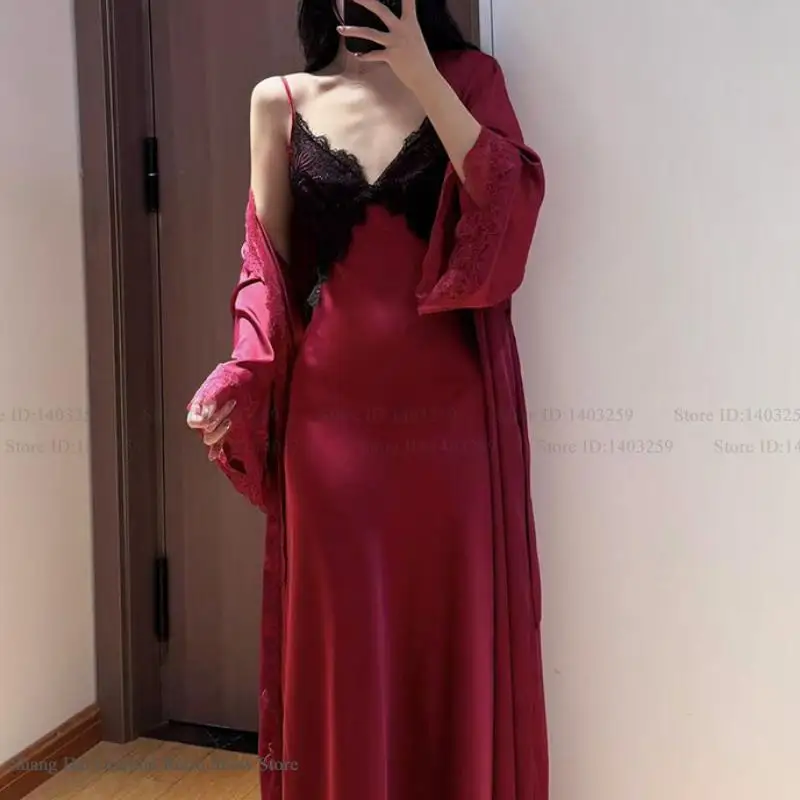 

Summer Women Long Nighty&Robe Set Night Dress Sexy Lace Sleepwear Spaghetti Strap Nightgown Lingerie Loose Ice Silk Homewear