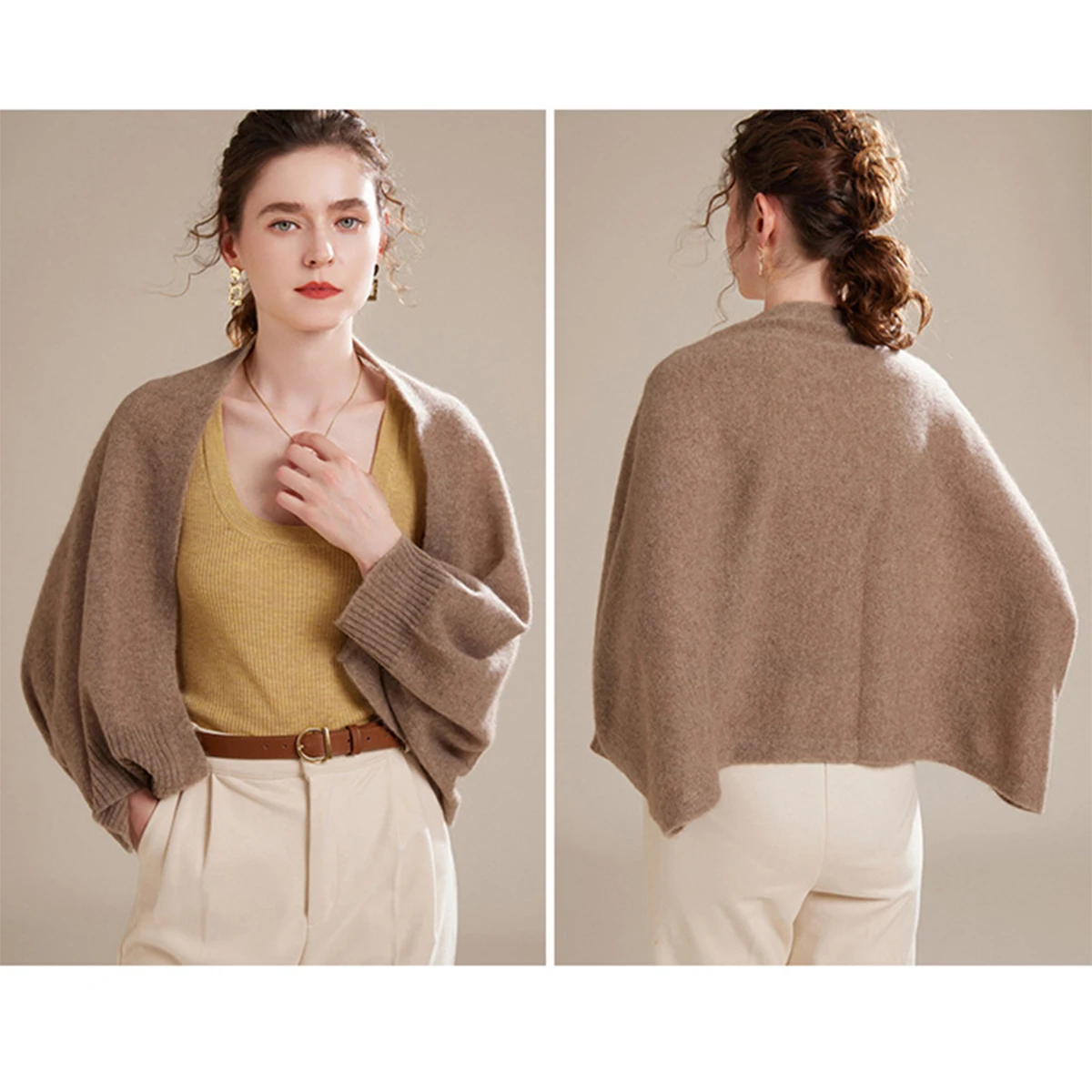 100% Merino Wool Women Batwing Sleeve Cape Sweater Soft Warm Wollen Cardigan Shawl Fashion Knitted Scarf Wraps Dual Use Female