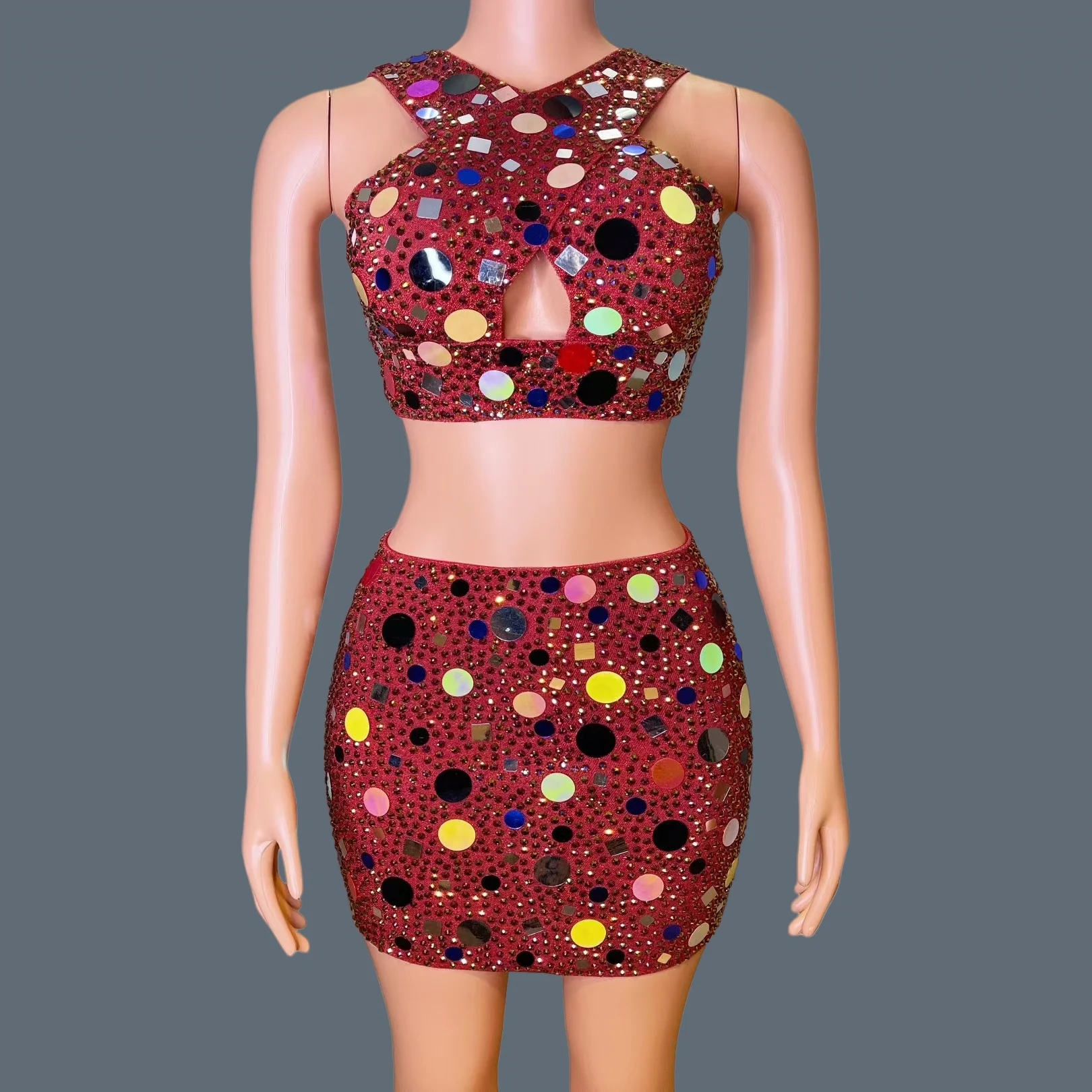 Spicy Girl Outfit Crop Tops Skirt Mini 2Pieces Set Red Streamer Theme Party Sequins Rhinestone Dress Suit Dance Wear Xiaohong
