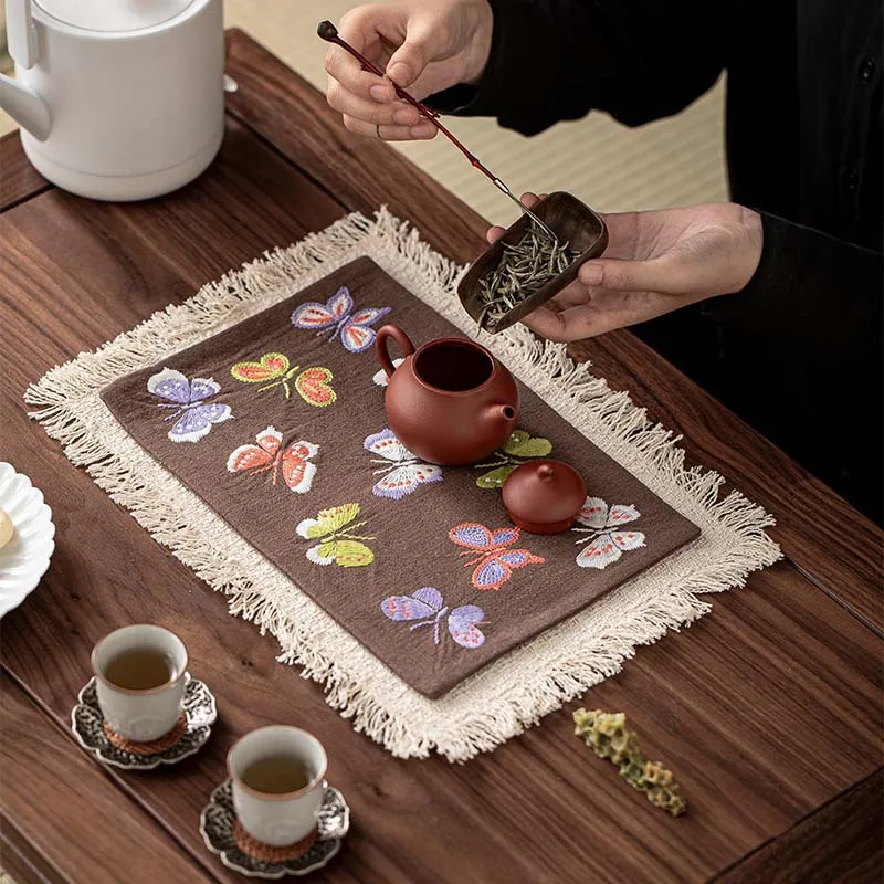 New Chinese Style Embroidery Tea Mat Teapot Heat Insulation Pad Butterfly Tea Mat Tassel Dry Brewing Mat Tea Pad Table Daily Use