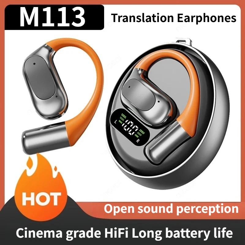 جديد M113 سماعة لاسلكية تعمل بالبلوتوث ترجمة سماعات الأذن متعددة اللغات ترجمة في الهواء الطلق سماعات للرياضة BT 5.4 مقاوم للماء