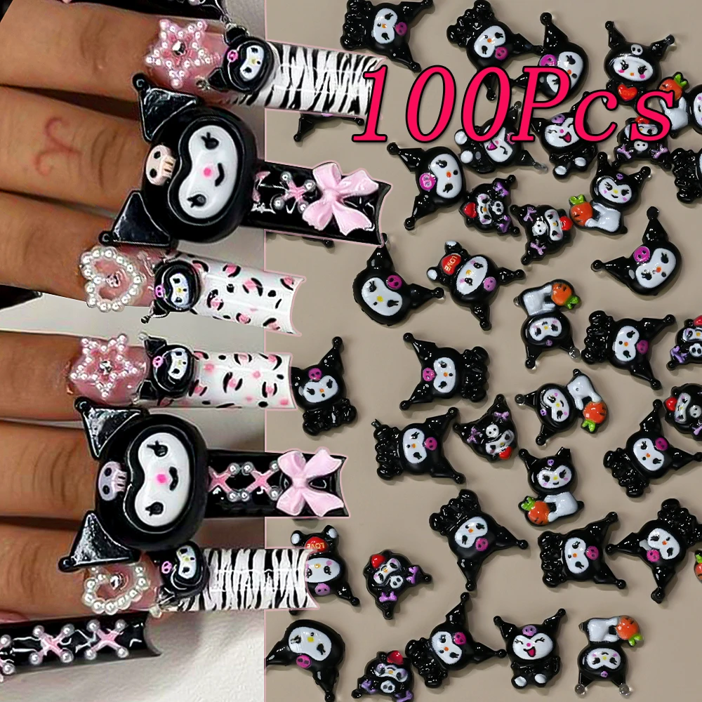 100pcs Kawaii Black Kuromi Nail Charms Cute Resin Cartoon Anime HelloKitty Rhinestones Jewelry Sanrio Phone Case Nail Decoration