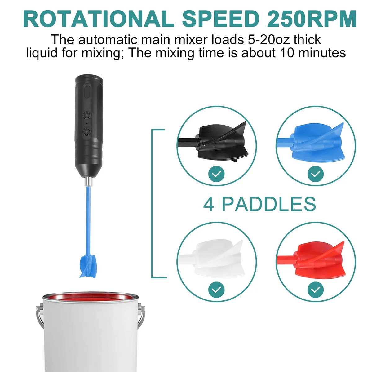 เครื่องผสมอีพ็อกซี่เครื่องกวนไฟฟ้าพร้อมไม้พาย4ชิ้นเครื่องผสมเรซินแบบมือถือ
