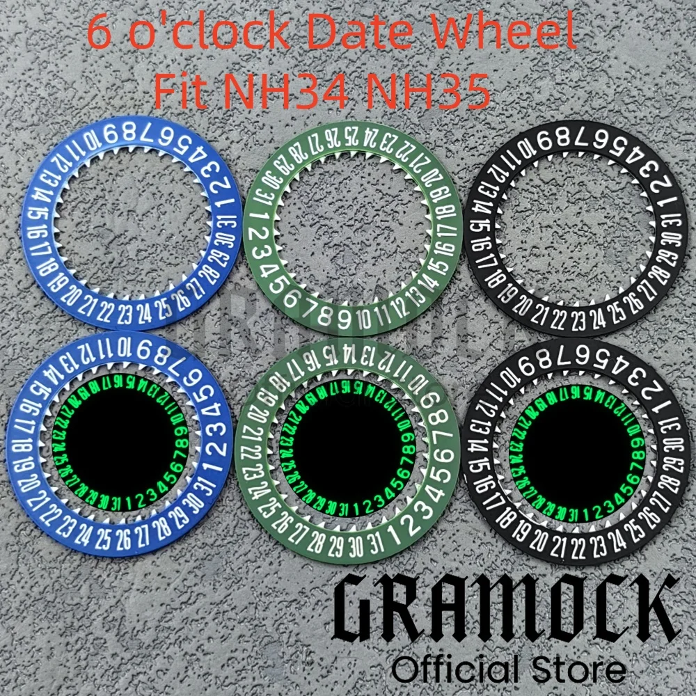 GRAMOCK Luminous Watch Calendar Disc NH34 NH35 6 O'clock Black Green Blue Date Wheel Fit 4R34 NH35 Movement Modified Repair Tool