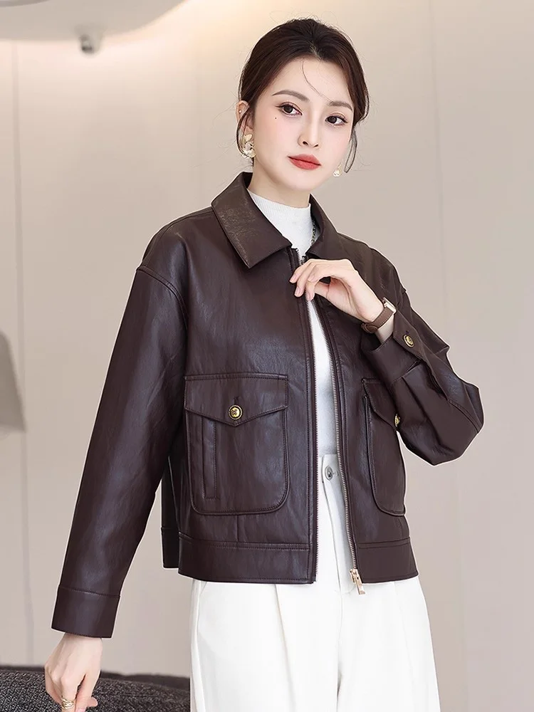 New Women Loose Split Leather Jacket Spring Autumn Fashion Turn-down Collar Long Sleeve Short Coat Casual Leather Coat Female